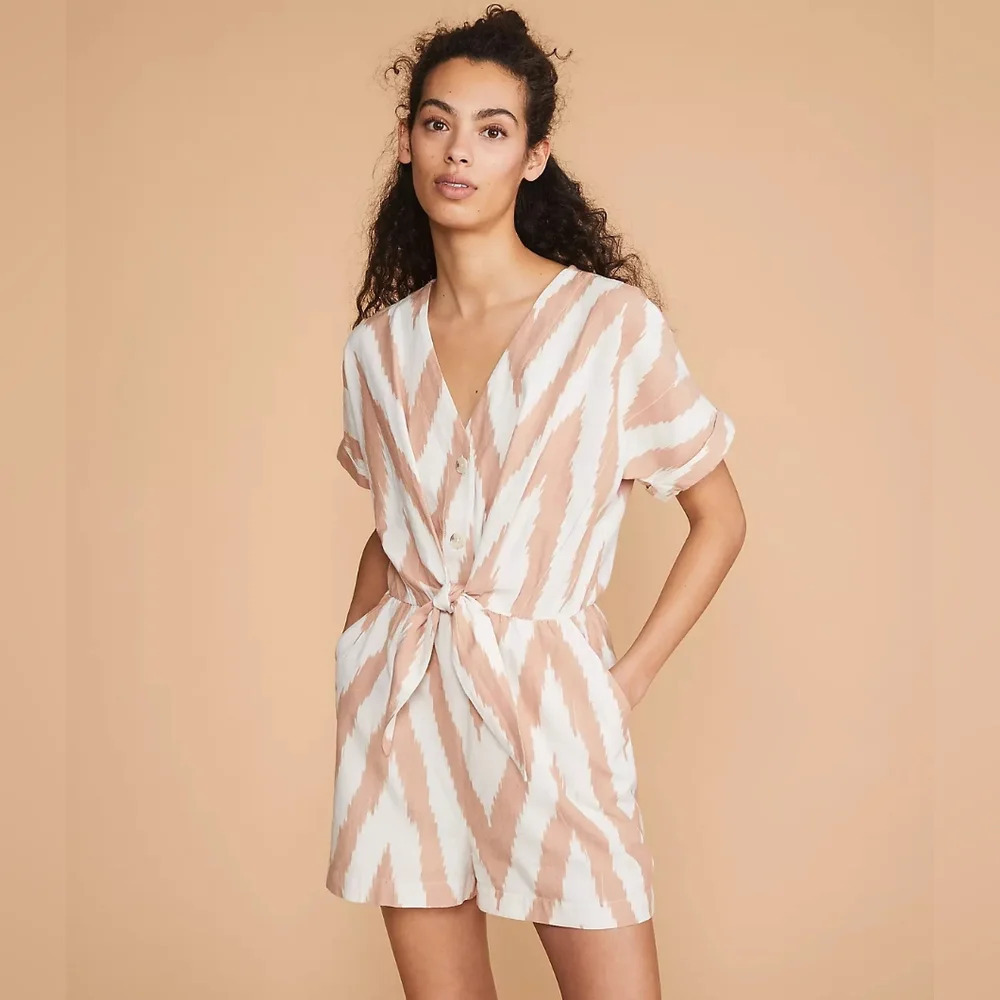 LOFT Lue & Grey Ikat Print V-Neck Tie Front Shorts Romper Cream Tan